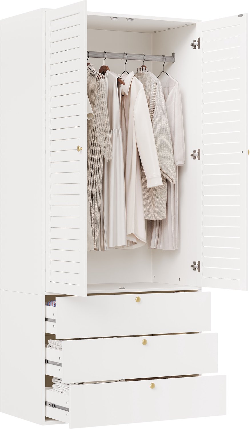 Kledingkast Met Lamellendeuren - 90 x 50 x 200 cm - 2 Draaideuren - Met Kledingroede En 3 Lades - Wit Spaanplaat Voor Slaapkamer En Kinderkamer