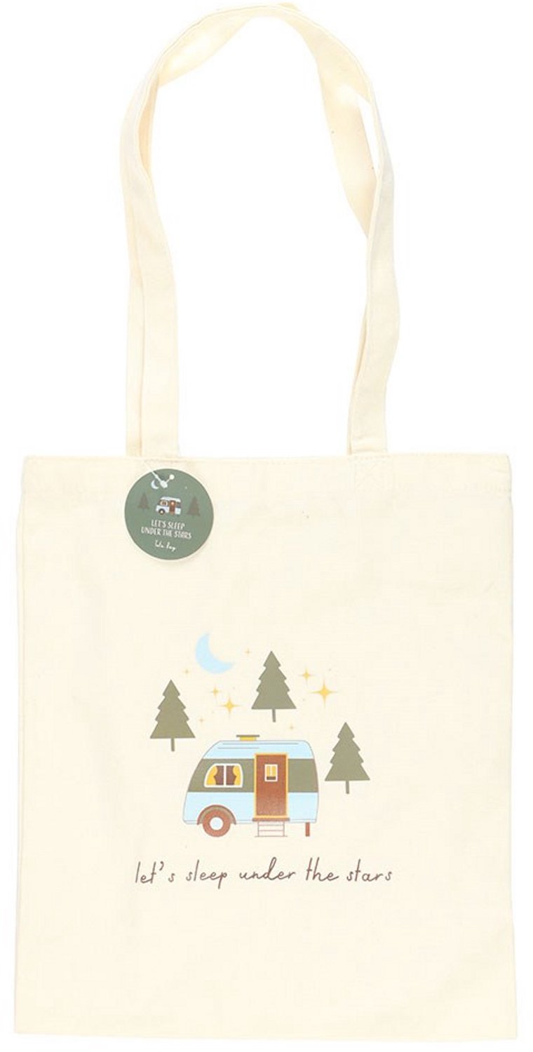 Avontuurlijke 'Let's Sleep Under The Stars' Caravan Polycotton Tote Bag - Ecru Draagtas met Caravan & Sterren - 70 cm