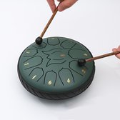 D-majeur stalen tongtrommel handpan, 20 cm, 11 noten, grote regentrommel voor buiten, tuin - meditatie, regengeluid, muzikaal percussie-instrument met drumstokken (groen)