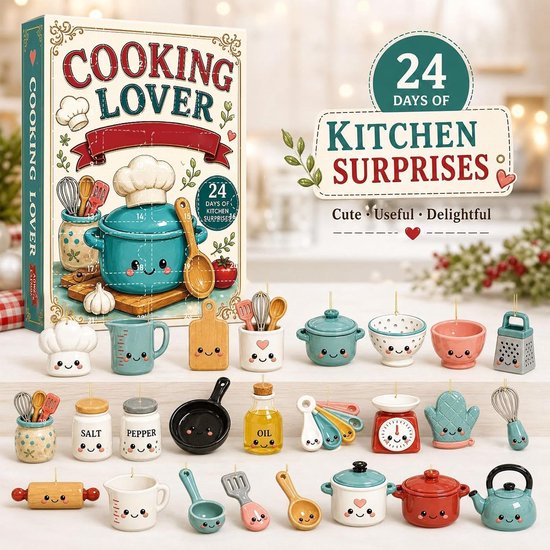 Adventskalender 2026 voor kookliefhebbers – 24 schattige 2D-hangers van acryl in de vorm van keukengerei – aftelkalender voor 24 dagen; perfect voor in de kerstboom en een leuk cadeau voor wie van koken houdt — cadeau in Kookcadeaus - foto 3