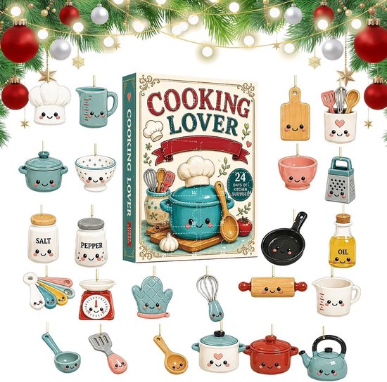 Adventskalender 2026 voor kookliefhebbers – 24 schattige 2D-hangers van acryl in de vorm van keukengerei – aftelkalender voor 24 dagen; perfect voor in de kerstboom en een leuk cadeau voor wie van koken houdt — cadeau in Kookcadeaus - foto 6
