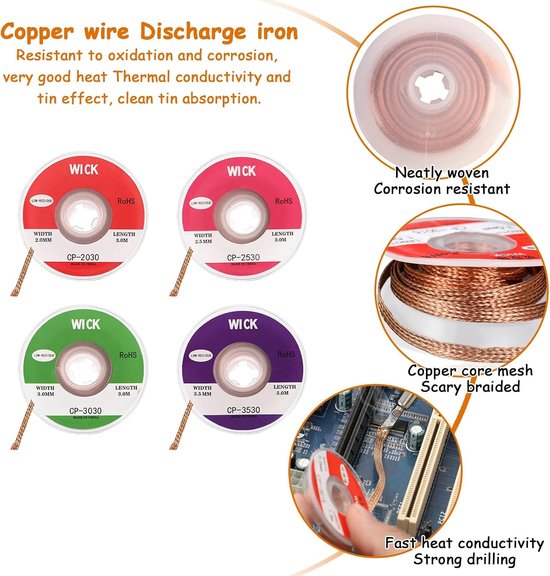 Desoldering Litze Set van 4 Stuks - Koper Soldering Litze voor Verwijderen van Lood, 2.0 mm en 3 mm, Ideaal voor Elektronische Componenten en Reparaties — afbeelding 4