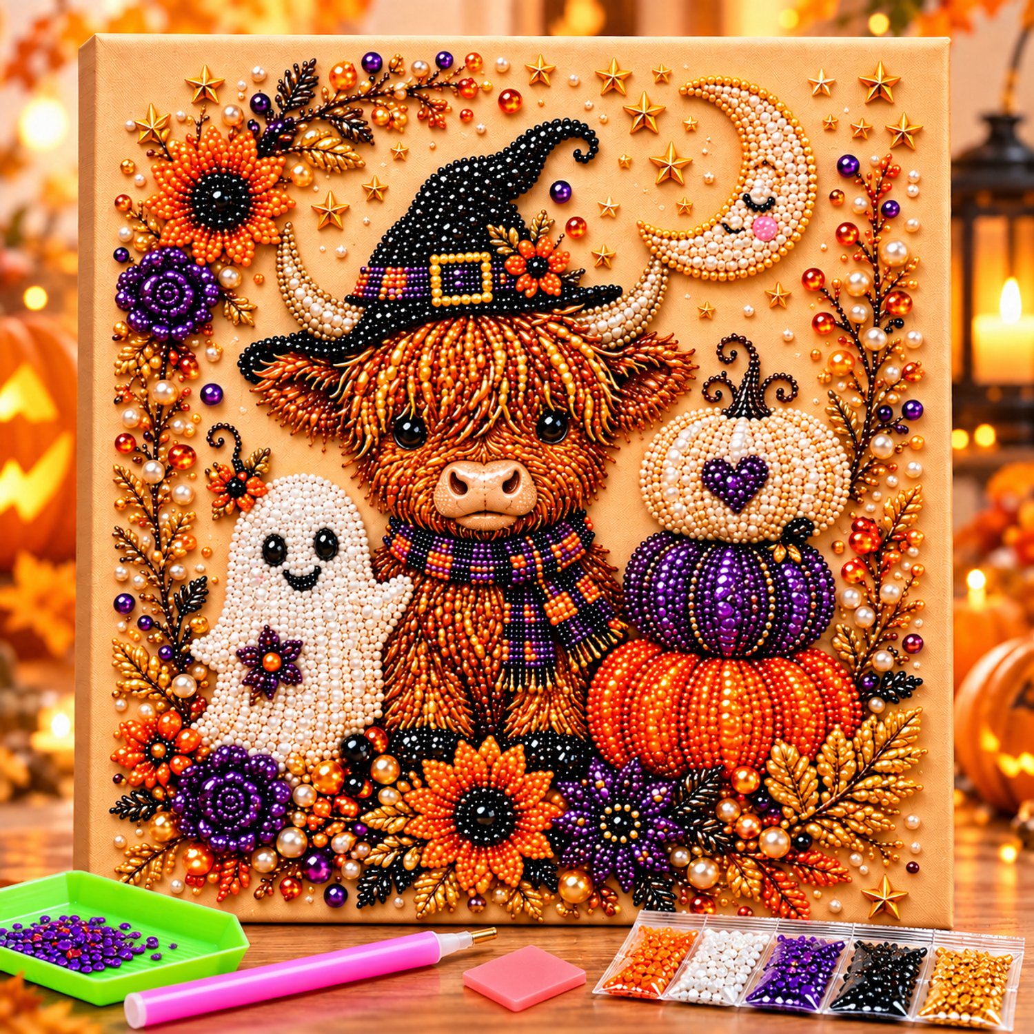 PulseOne- Halloween diamond painting - diamond painting volwassenen - parel diamond painting met lijst - DIY hobby knutsel - Halloween decorations - decoratie - huis decoratie - wanddecoratie - spook - pompoen - herfstdecoratie - cadeau - creatief