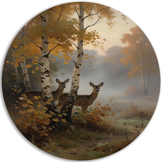 Ronde muurcirkel met een schilderachtig herfstbos, twee berkenbomen en twee herten in een mistige, gouden omgeving.