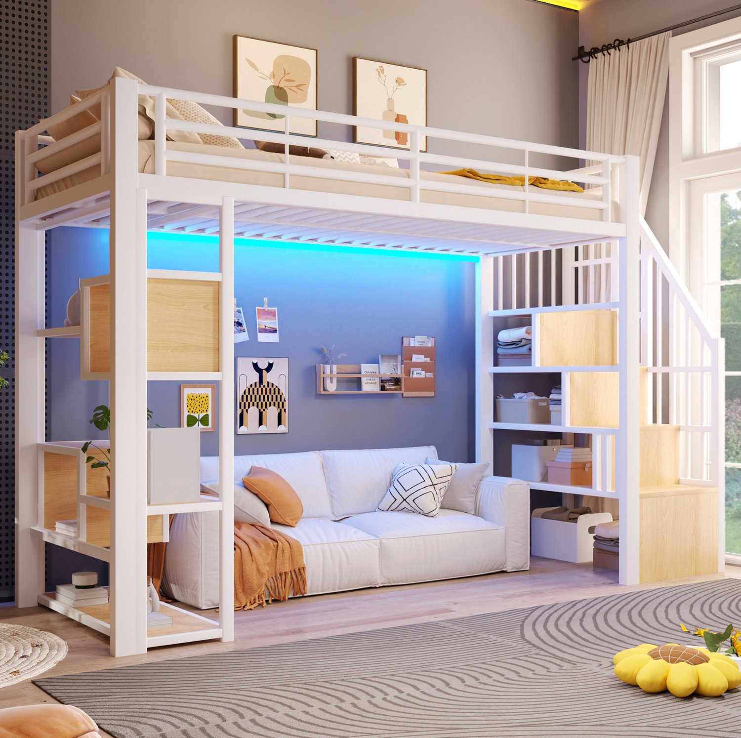 COVREO Hoogslaper met trap – 90x200 cm – Kinderbed met LED-verlichting – met uitvalbeveiliging – Wit - zonder matras