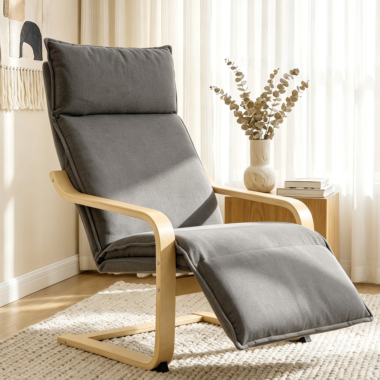 MUVANO Ergonomische Fauteuil voor Slaapkamer - Moderne Stof Fauteuil met Hoge Rugleuning - Fauteuil met Voetensteun voor Ontspanning - Stoel met Schommelbeweging voor Extra Comfort - 90x67x105 cm - Voor Lezen en TV Kijken - Grijs