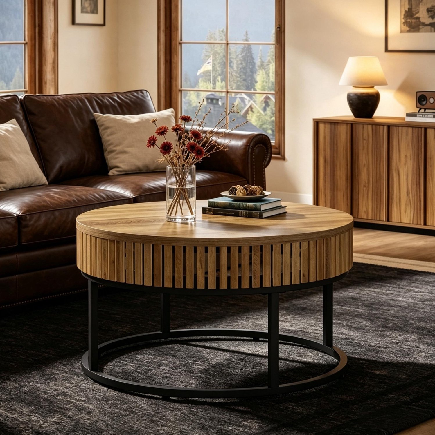 MIVRAY Salontafel - Ronde MDF Tafel Met Metalen Onderstel - Voor Woonkamer Kantoor En Ontvangstruimte - Zwart Bruin - 80x80x45 Cm Zwart en bruin