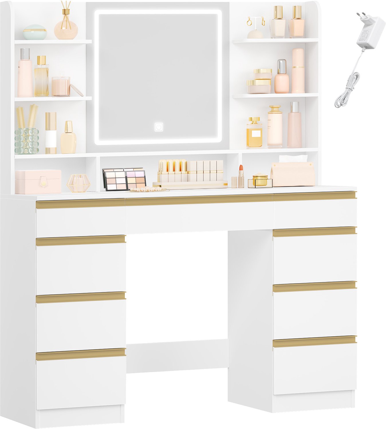 HILINSIE Kaptafel - Make up tafel -Grote Kaptafel met LED-verlichting - 3 Kleuren - Verstelbare Helderheid - Kaptafel met Spiegel- 9 Laden - 9 Open Planken - Wit-Goud - Moderne Stijl - 40 x 107 x 140 cm