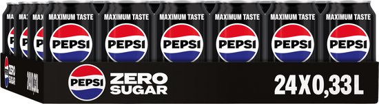 Een tray met 24 Pepsi Zero Sugar blikjes van 330ml met de tekst Maximum Taste.
