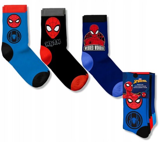 Drie paar Marvel Spider-Man sokken in blauw en zwart met het Spider-Man masker, logo's en de tekst Webbed Wonder.