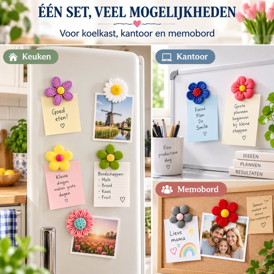 Bloemmagneten gebruikt op een koelkast, whiteboard en memobord voor diverse doeleinden.