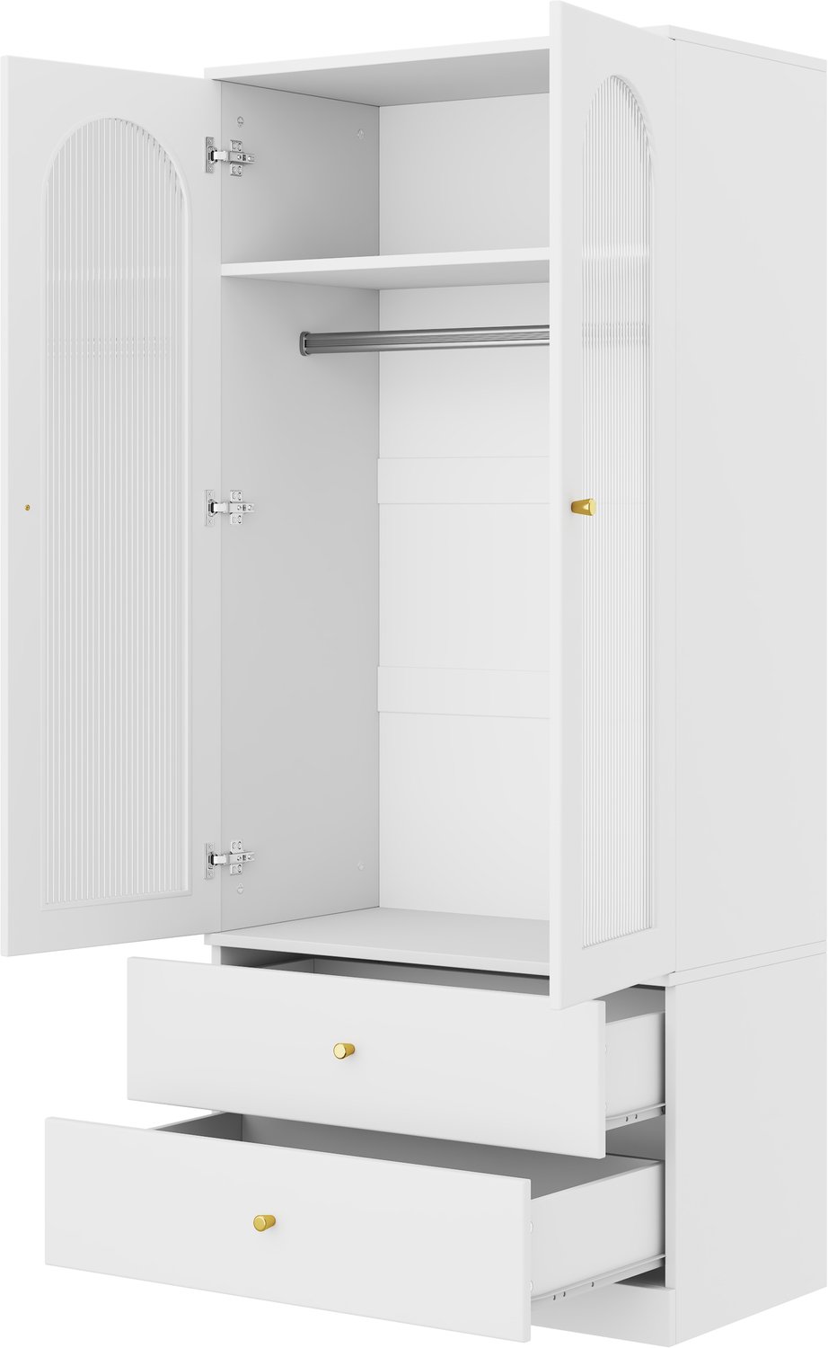 Kledingkast Met Draaideuren - 90 x 50 x 200 cm - Met Kledingroede En 2 Laden - Wit MDF En Ribbelglas - Voor Slaapkamer Of Kinderkamer