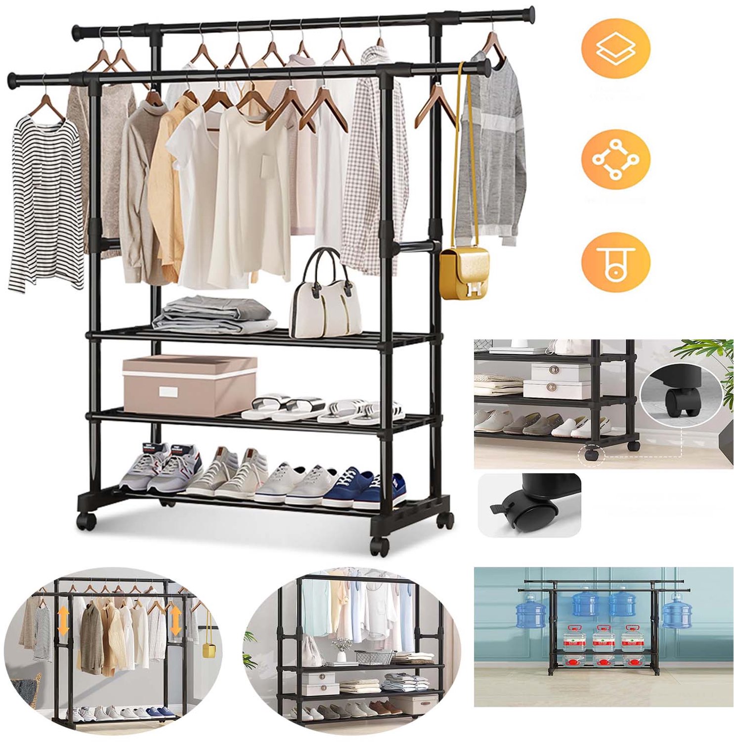 Verrijdbaar Kledingrek, Draagbaar Kledingrek Met Dubbele Stang, Met Zwenkwielen, Voor Het Ophangen Van Kleding En Jassen.
