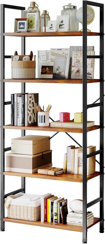Industriële Boekenkast met 5 Planken – Staande Opbergrek – Metalen Frame en Houtlook – 60 x 30 x 158 cm – Voor Woonkamer, Slaapkamer, Kantoor en Keuken – Bruin/Zwart