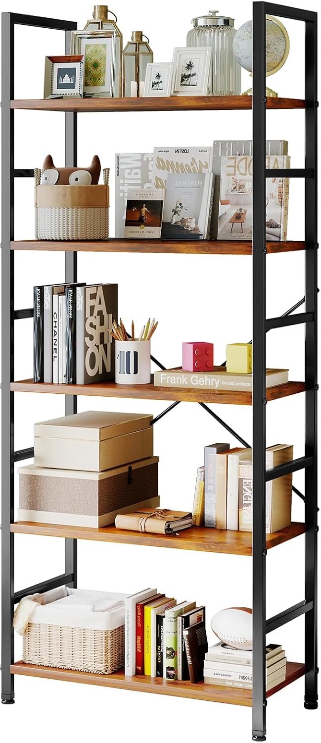 Industriële Boekenkast met 5 Planken – Staande Opbergrek – Metalen Frame en Houtlook – 60 x 30 x 158 cm – Voor Woonkamer, Slaapkamer, Kantoor en Keuken – Bruin/Zwart