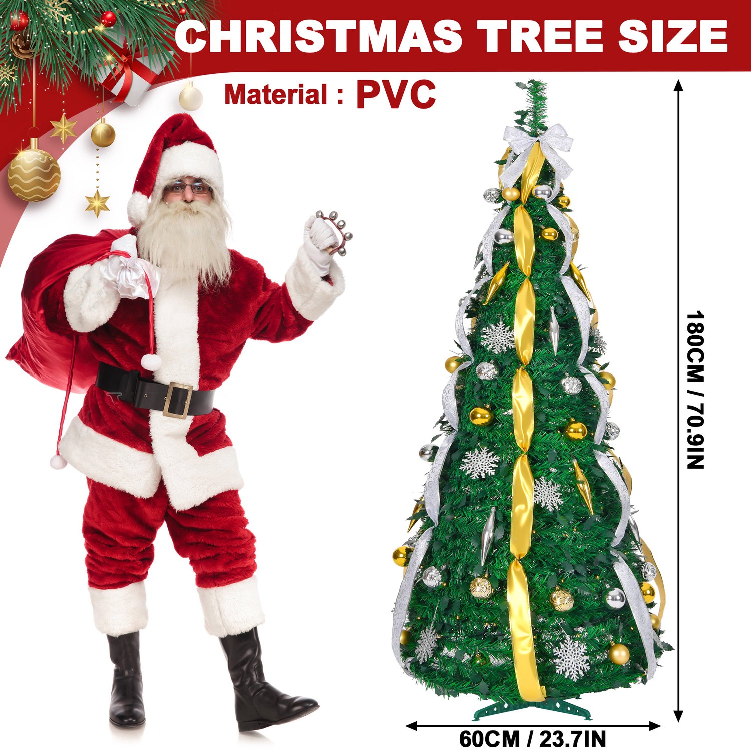 Pop-up Kerstboom 180 cm met 150 LED - 8 Lichtmodi - Goud & Zilver - Inclusief Kerstballen & Linten - Opvouwbaar - NAIZY – foto 2