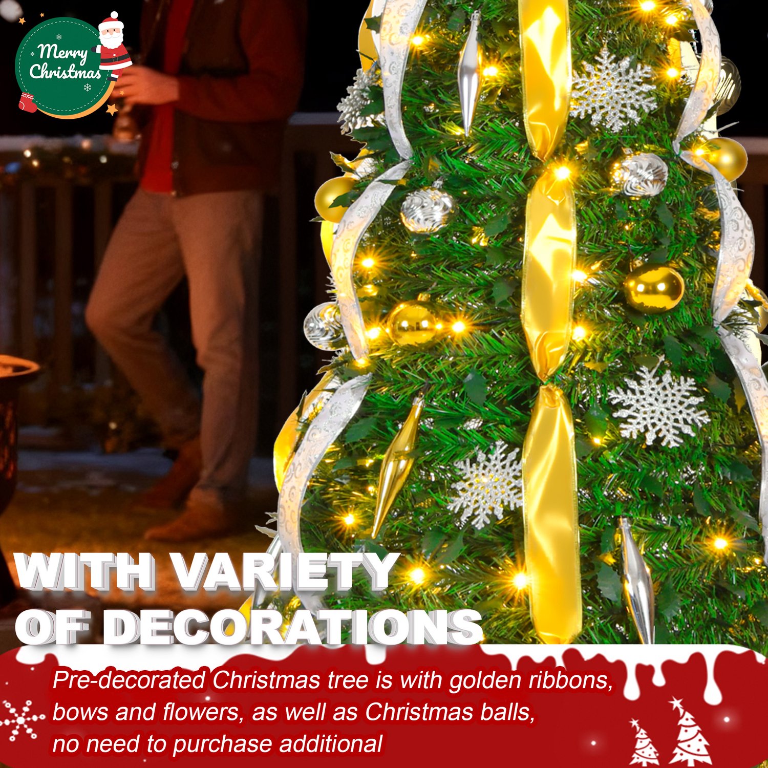 Pop-up Kerstboom 180 cm met 150 LED - 8 Lichtmodi - Goud & Zilver - Inclusief Kerstballen & Linten - Opvouwbaar - NAIZY – foto 3