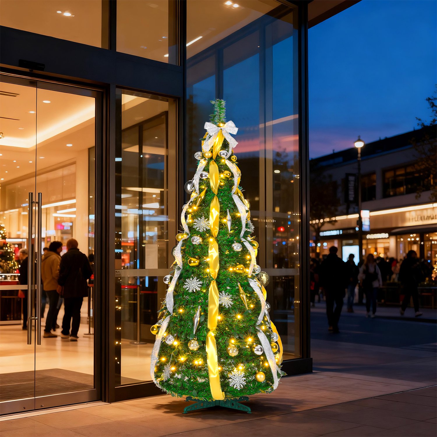 Pop-up Kerstboom 150 cm met 100 LED - 8 Lichtmodi - Goud & Zilver - Inclusief Kerstballen & Linten - Opvouwbaar - NAIZY – foto 7