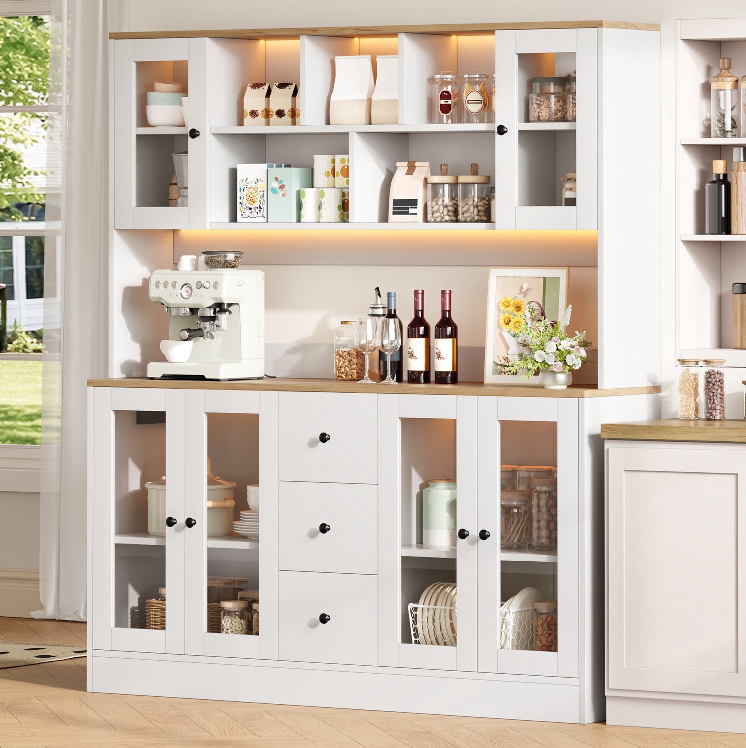 MIVRAY Keukenkast - LED Verlichting en Stopcontacten - Zes Acryldeuren en Drie Laden - MDF - 150 x 40 x 173 cm - Wit Naturel