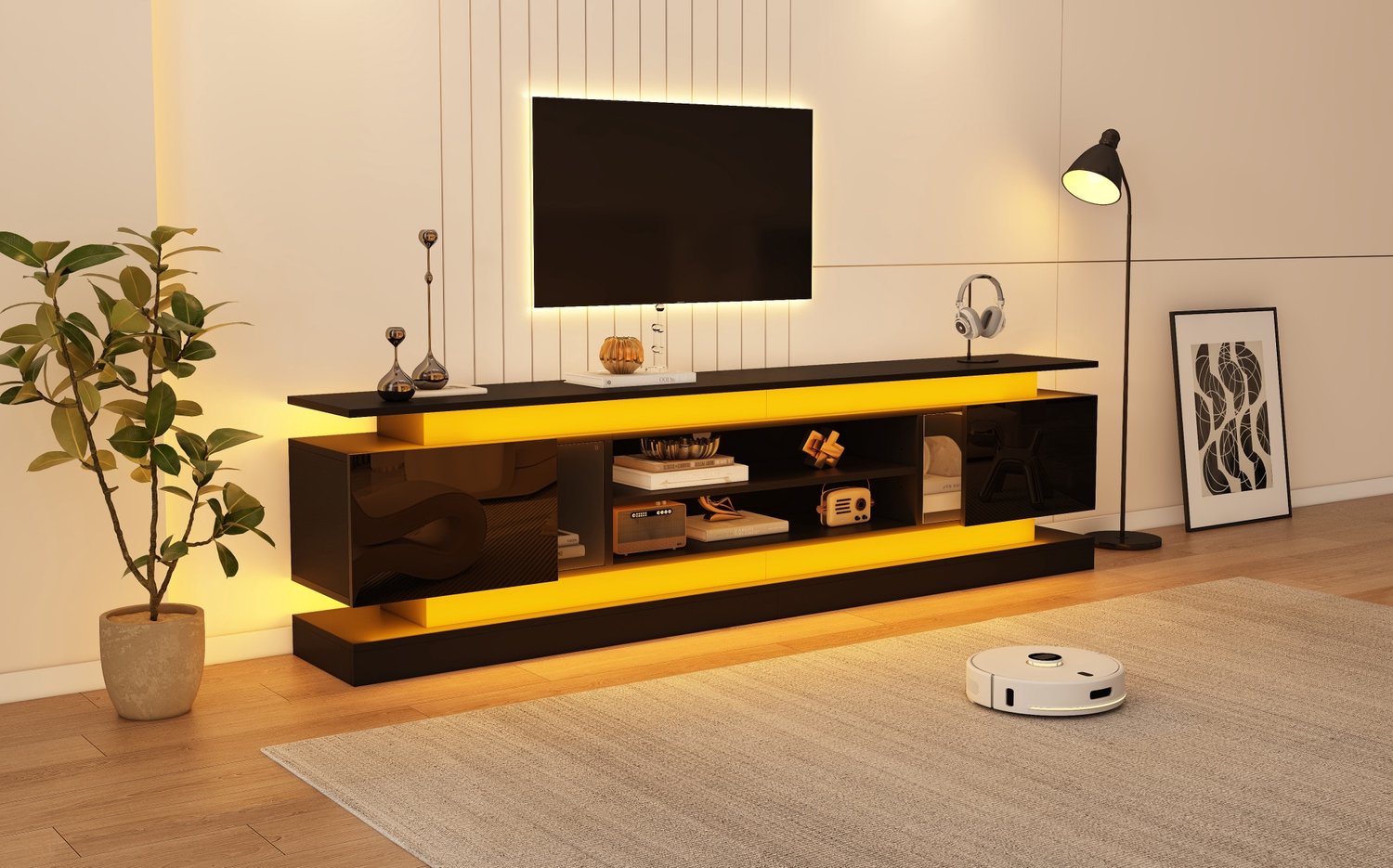 COVREO TV-meubel met Bluetooth LED-verlichting – TV-kast met 2 push-to-open deuren – Dressoir met open vakken – 180x35x60 cm – Zwart