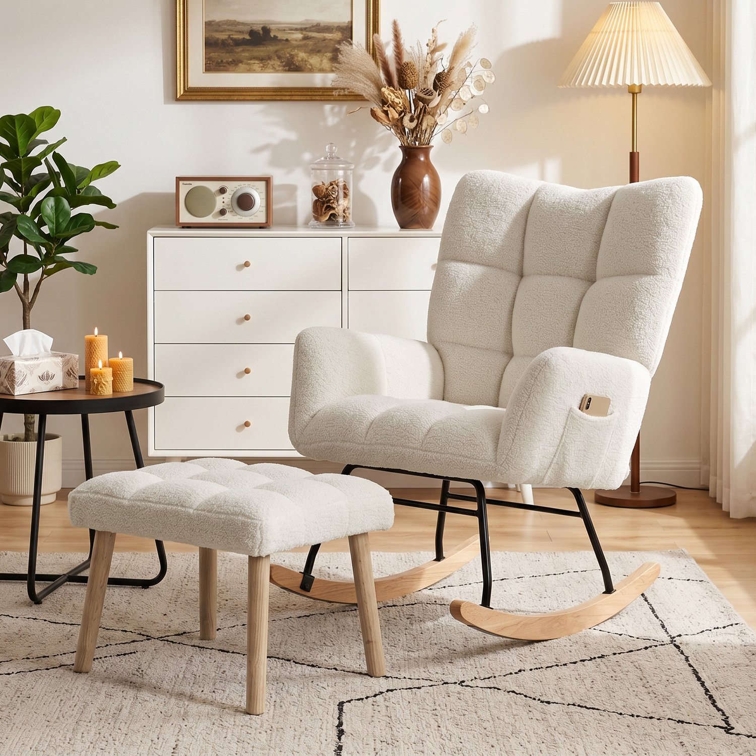 MUVANO Schommelstoel met zachte stof - Schommelstoel met ergonomisch ontwerp - Schommelstoel met stevige metalen frame - Schommelstoel met voetensteun voor extra comfort - 100 cm - Ontspanning - Woonkamer en slaapkamer Crème