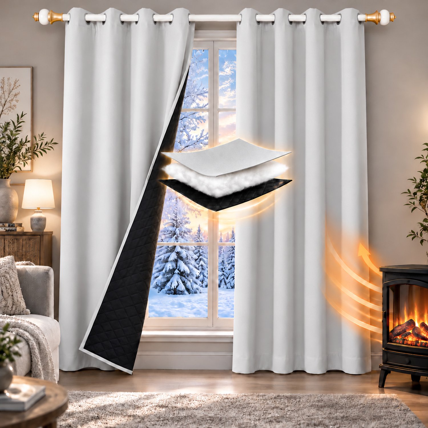 Qelus Set van 2 Gewatteerd Polyester Gordijn met Ringen - Grijswit - 132 x 244 cm - 3-laags Thermisch, Geluidsdempend en Lichtwerend - Zwarte Voering - Voor de Slaapkamer, Woonkamer en Binnendeuren Grijswit - 2 Stuks