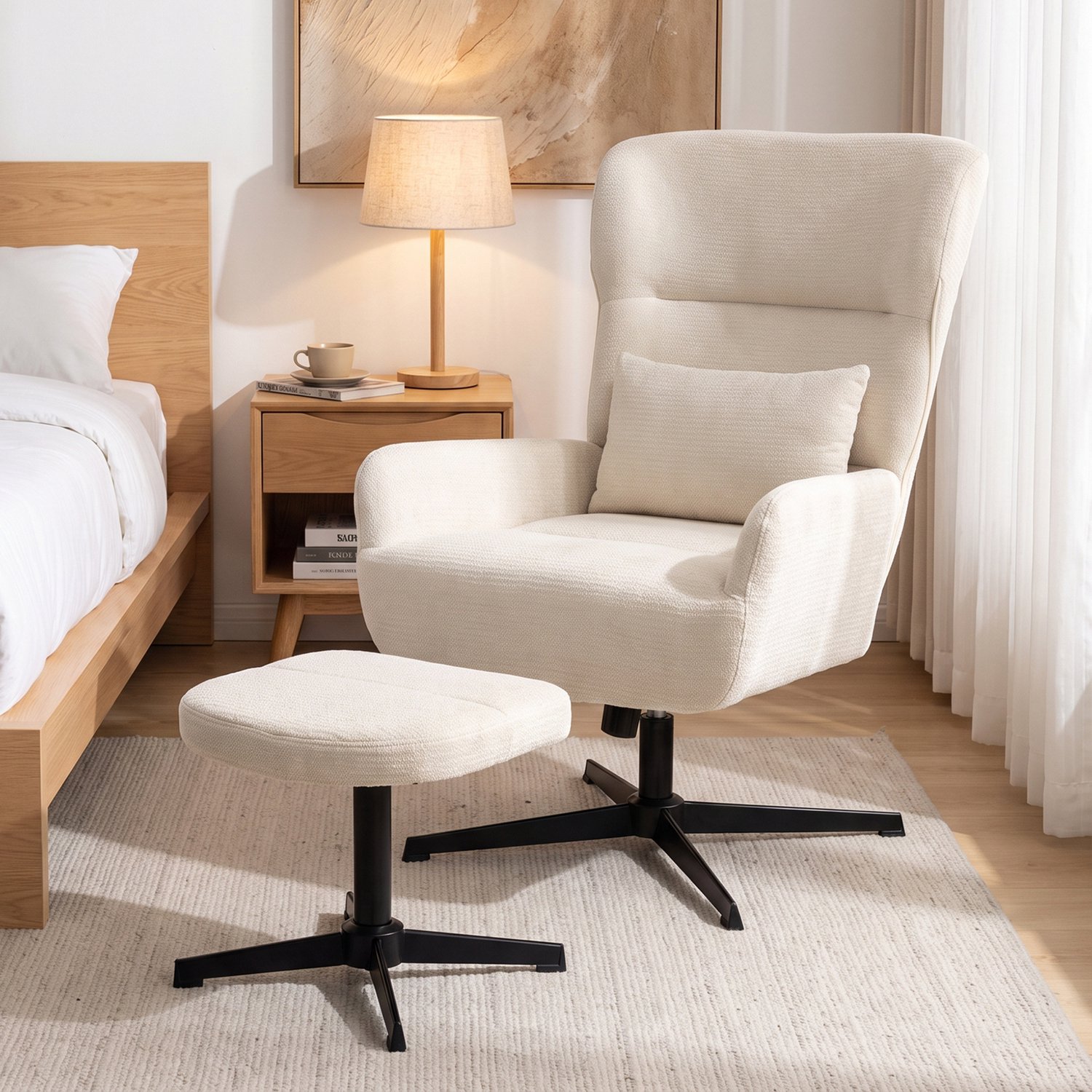 MUVANO Relaxfauteuil - Verstelbare stoel voor ontspanning - Stoel met 360 graden draaifunctie - Stoel met hoge rugleuning - 43-49 cm - Comfortabel - Voor lezen en ontspannen Creme wit Crème