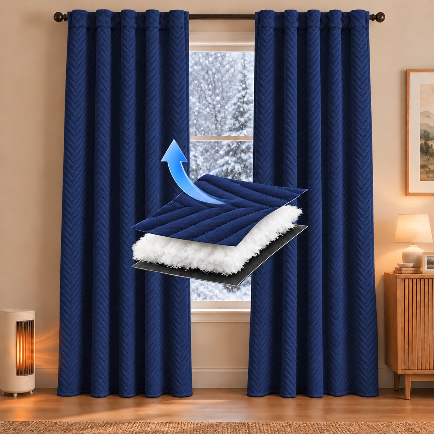 Qelus Thermisch Gewatteerd Gordijn - Isolerend Polyester Gordijnpaneel - Donkerblauw - 140 x 245 cm - 1 Stuk - Met Multifunctionele Plooiband en Koord - Voor Woonkamer en Slaapkamer - Raamdecoratie Binnen