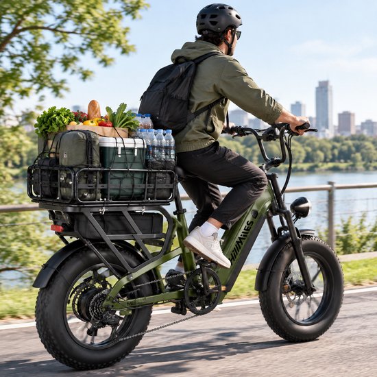HillMiles MileLink 1 Elektrische fiets, 250W, 65Nm,bereik tot 250 km, dubbele accu 48V 18+22,5Ah, brede banden, hydraulische remmen, grote achterdrager, stad & terrein, met achtermand, Groen — afbeelding 5