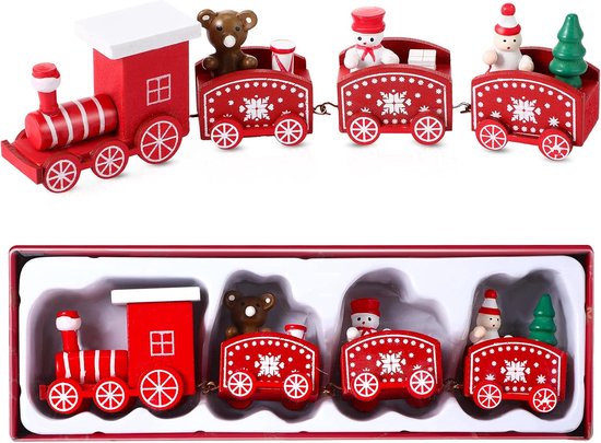 Rode houten kersttrein met sneeuwvlokpatronen, een teddybeer, sneeuwpoppen en een kerstboom, in verpakking.