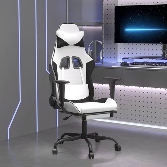 Gamingstoel - Computerstoel met voetensteun - Comfortabel zitten - Massagefunctie in heupsteun - 56 x 66 x 131 cm - Wit zwart — afbeelding 3