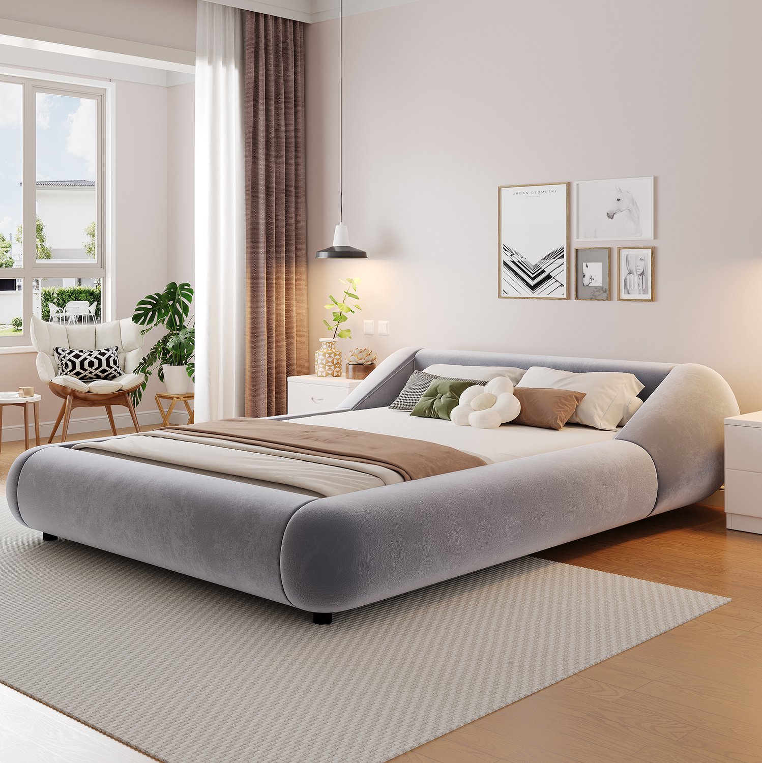 FloraGrace Gestoffeerd Bed 140 x 200 cm - Zwevend Bedframe Met Ledverlichting - Gebogen Hoofdbord - Zonder Matras - Fluweel - Grijs