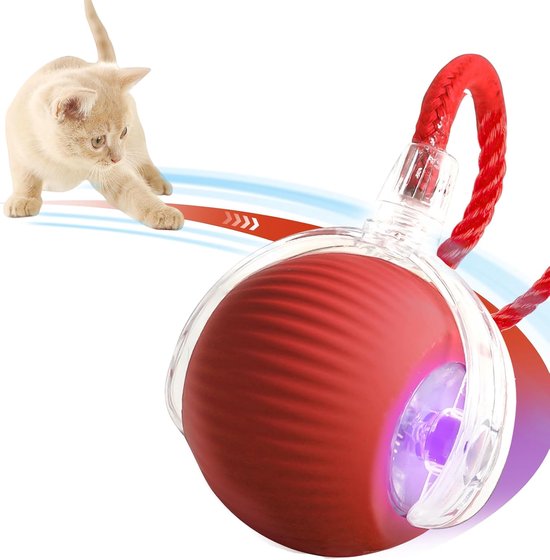 Rode, gestreepte bal met een rode staart en paars licht, voor een spelende kat.