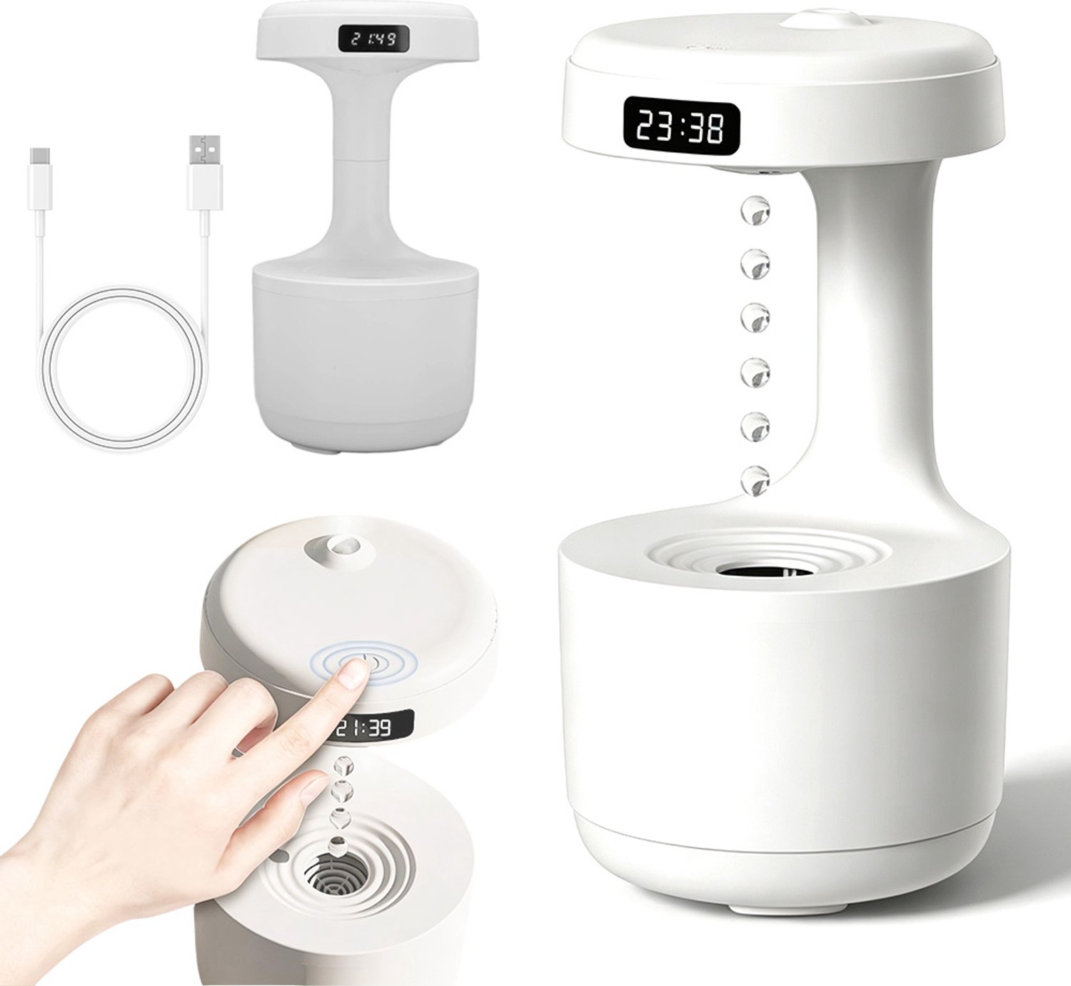 Anti-Zwaartekracht Luchtbevochtiger - 600ml - Waterdruppel Effect - Lichtmodus en Slaapmodus - Stil tot 36dB - Type-C Voeding - Automatische Uitschakeling - Voor Slaapkamer en Kantoor