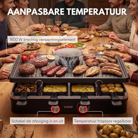 Gourmetstel met 1400W verwarmingselement, regelbare temperatuur, centrale afzuiging en 8 gevulde pannetjes.