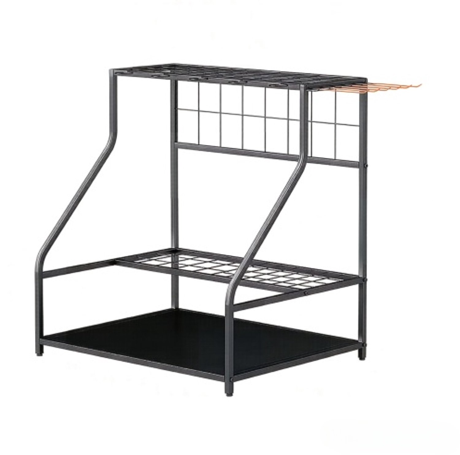 Gereedschapsorganizer voor tuin en garage, zwarte metalen werkuistand met haken en 3 niveaus, 84 × 53 × 73 cm