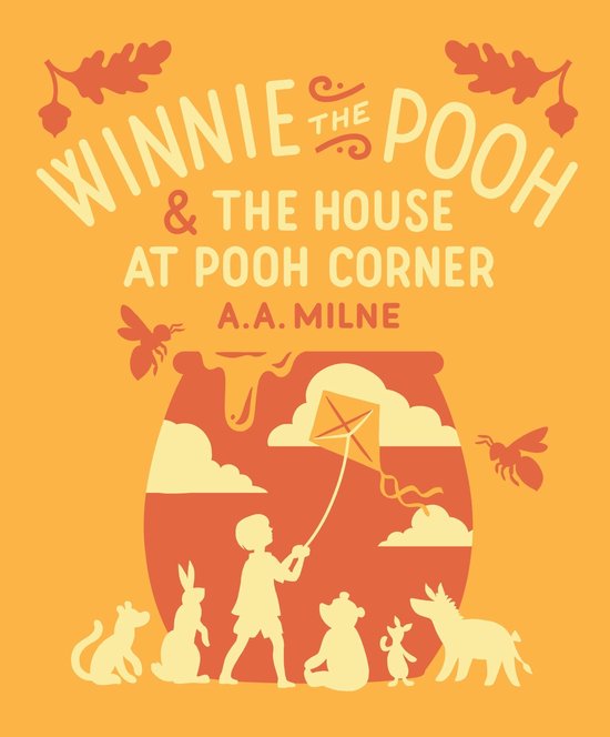 Oranje boekcover van Winnie de Poeh met silhouetten van figuren die vliegeren bij een honingpot.