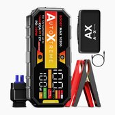 AutoXtreme Boost Max 10200 jumpstarter met digitaal scherm, rode klemmen, kabel en zwarte opberghoes.