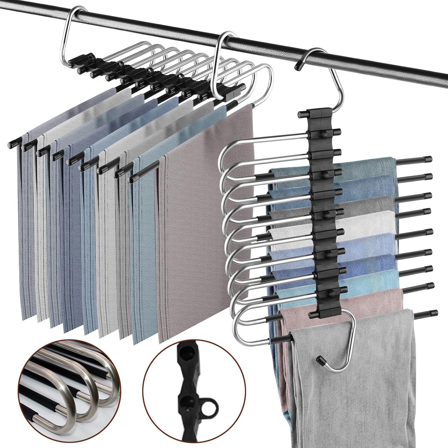 Broekhanger Met 9 Niveaus - Ruimtebesparende Inklapbare Kleerhangers - Set Van 2 Jeanshangers - Multifunctioneel Broekenrek