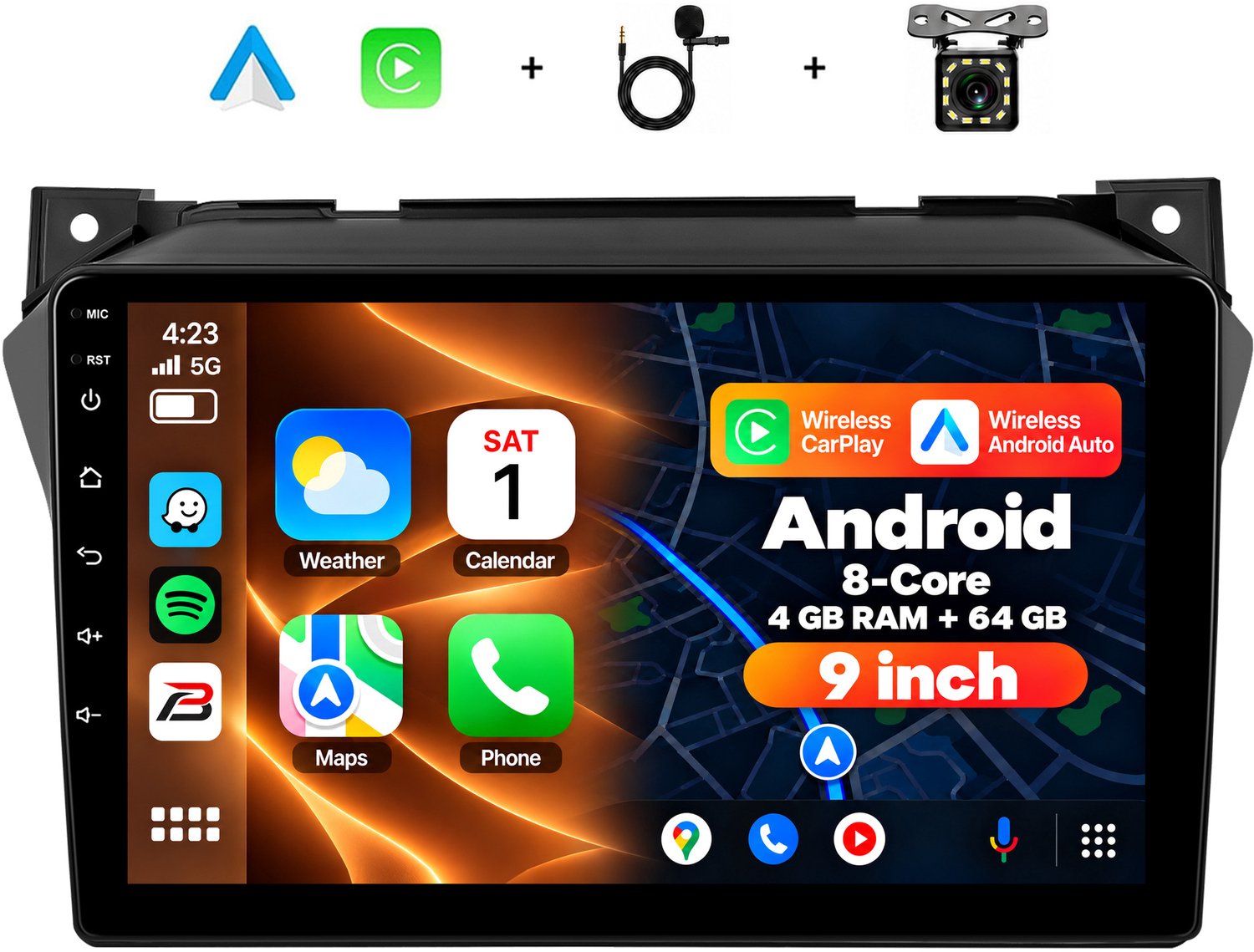 Boscer 2 Din Android 15 Autoradio - Geschikt voor Suzuki Alto 2009 - Draadloos Apple Carplay & Android Auto - 8-Core 4+64GB - Interne Koeling - 9 Inch HD IPS Touchscreen - GPS Navigatie - WIFI, Bluetooth & USB - Achteruitrijcamera & Microfoon