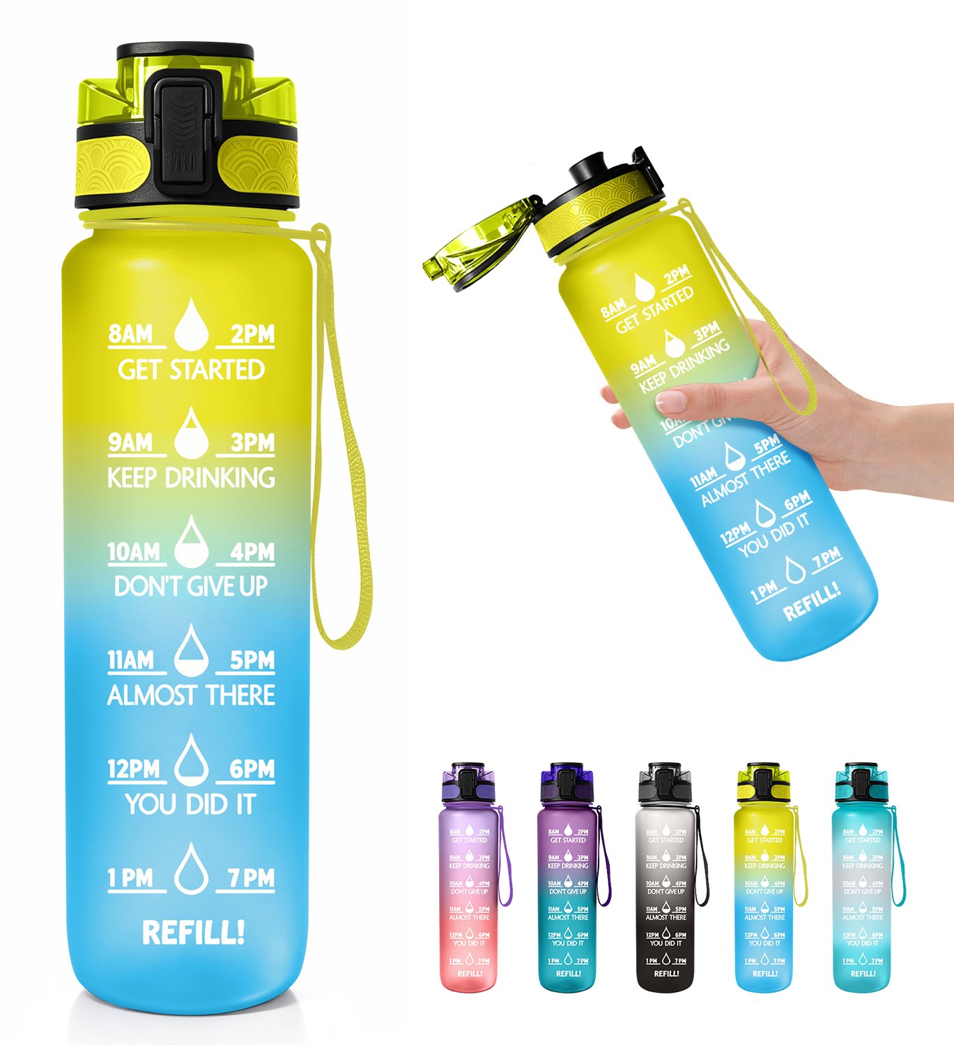 Drinkfles met rietje - lekdicht - BPA-vrij - tijdsaanduiding - draagriem - herbruikbare waterfles voor werk, sport en onderweg(geel blauw)