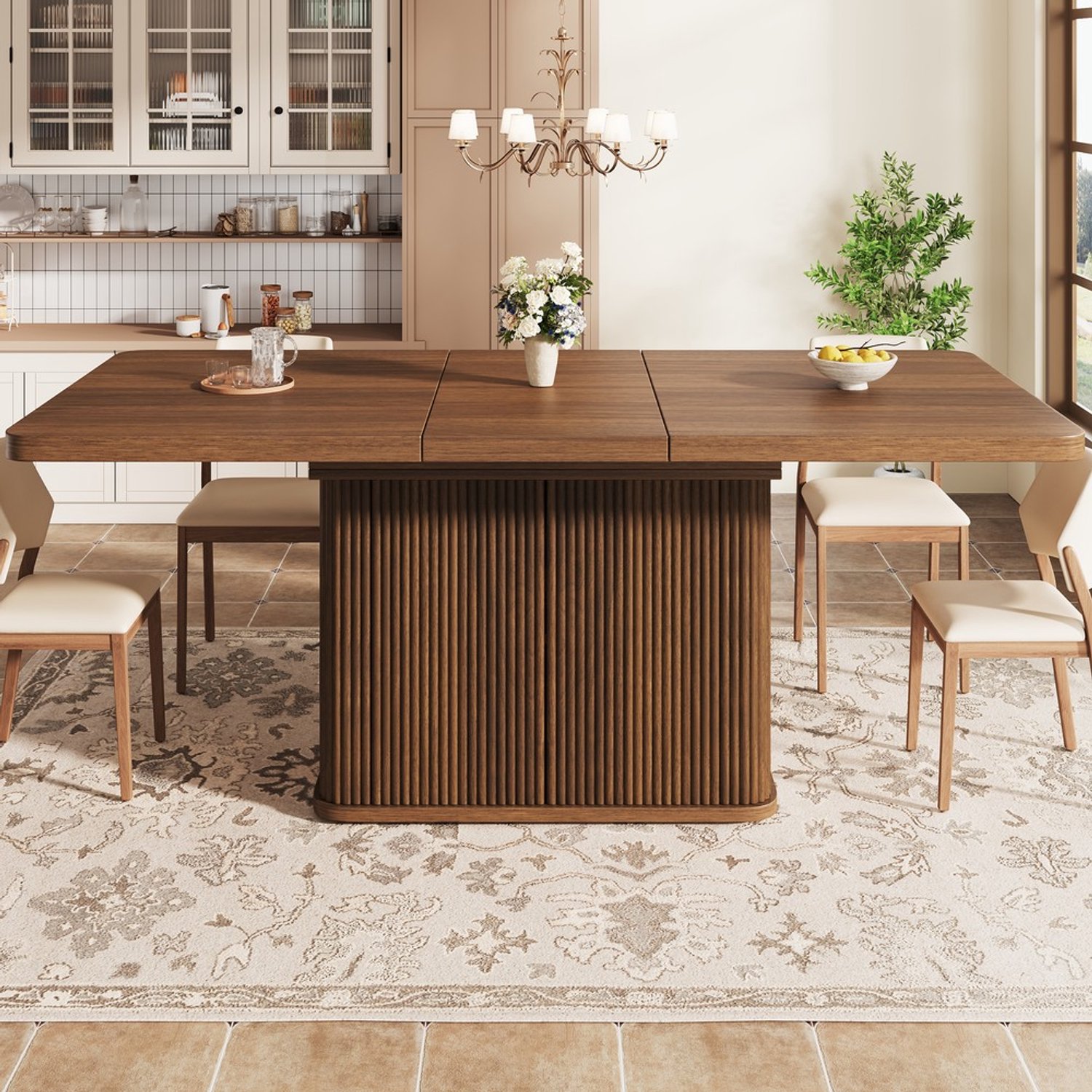 Pugsdrly Multifunctionele eettafel met verborgen opbergruimte, uitschuifbaar tafelblad, ontwerp met verticale reliëfstrepen, 140–180 cm, donkerbruine houtlook
