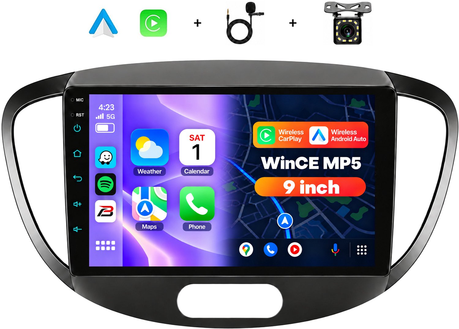 Boscer 2 Din Autoradio met Draadloos Apple CarPlay & Android Auto - Geschikt voor Hyundai i10 (2008-2013) - 9 Inch IPS Scherm - Bluetooth, Handsfree Bellen & FM Radio - Achteruitrijcamera & Microfoon