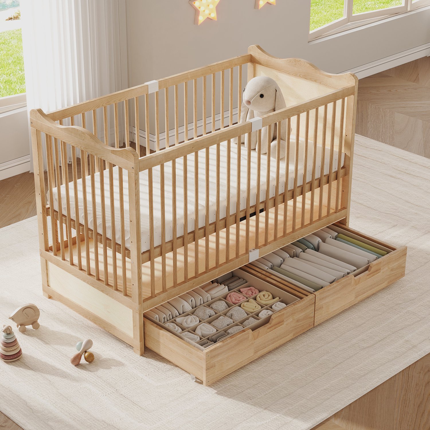 VVBV Baby bed / Ledikant / Baby ledikant 70x140 cm – Lades, In Hoogte Verstelbaar – voor Babykamer – Massief hout / Naturel