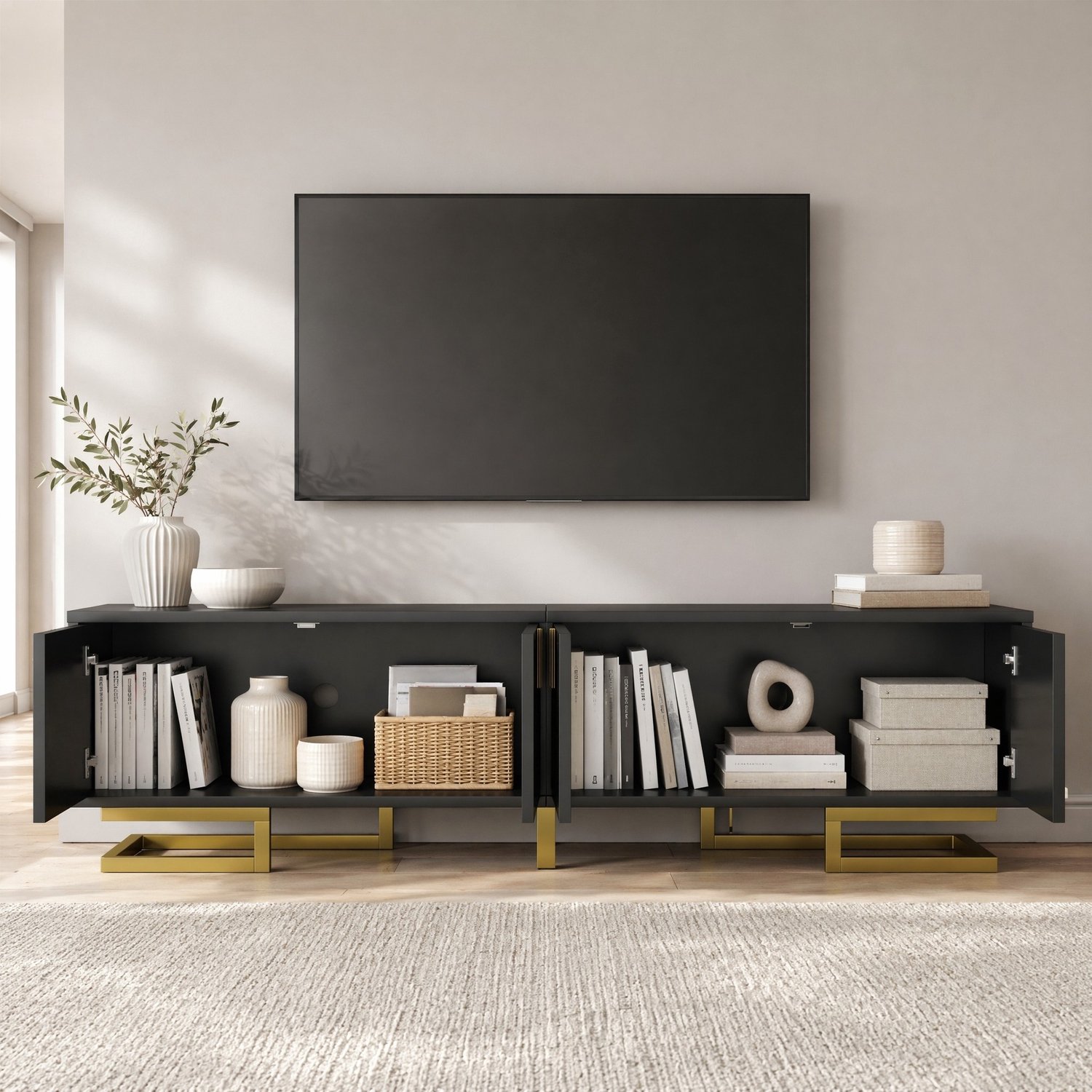 Maisentiel TV-meubel 160 cm met 4 deuren, gouden details, spaanplaat, zwart