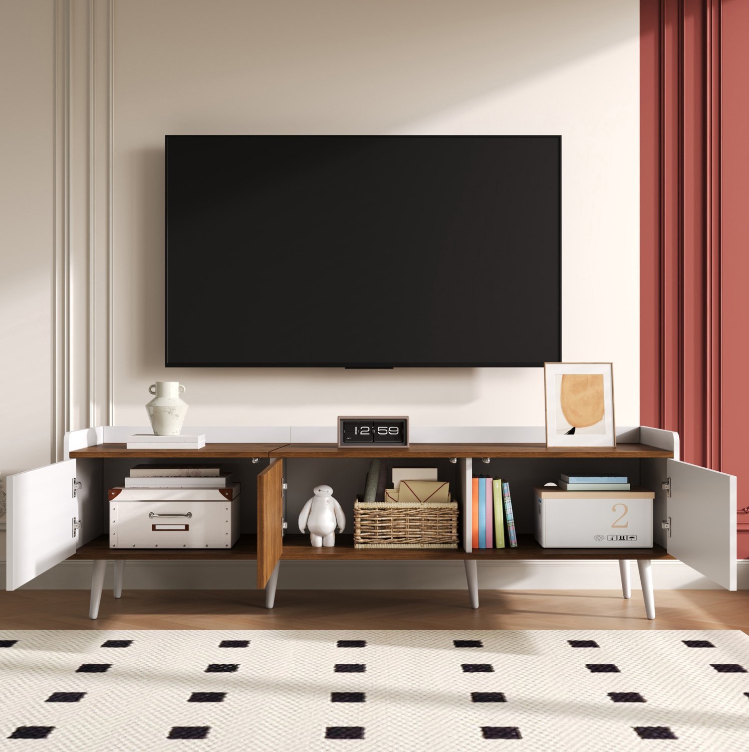 Maisentiel TV-meubel 160 x 39 x 49,5 cm – 3 deuren, MDF en spaanplaat, wit/naturel