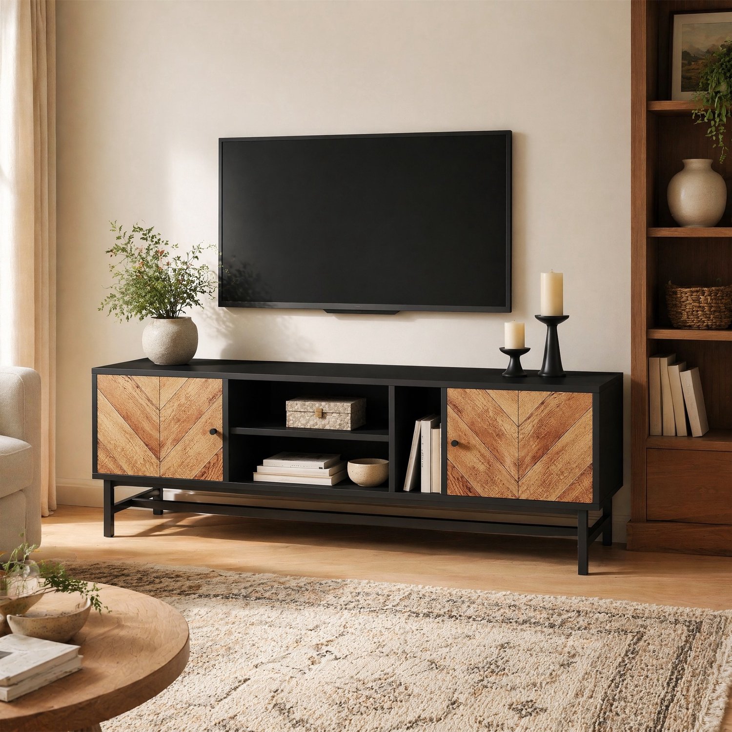Maisentiel TV-meubel 150 cm - zwart met houtlook deuren, open vakken en metalen poten