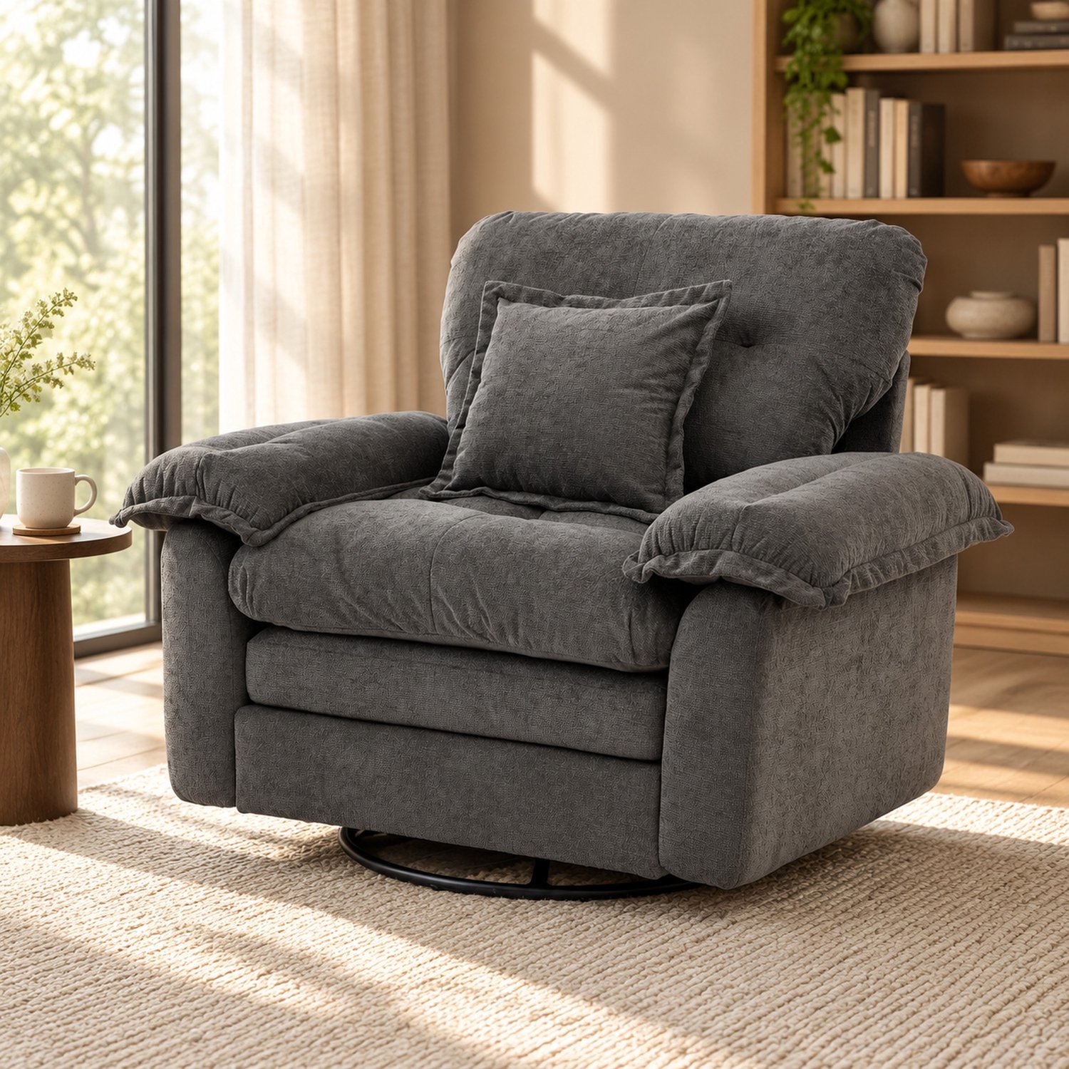 WUVRIE 360° draaibare fauteuil 116x84x96 cm - Chenille bekleding en steunkussen - Grijs