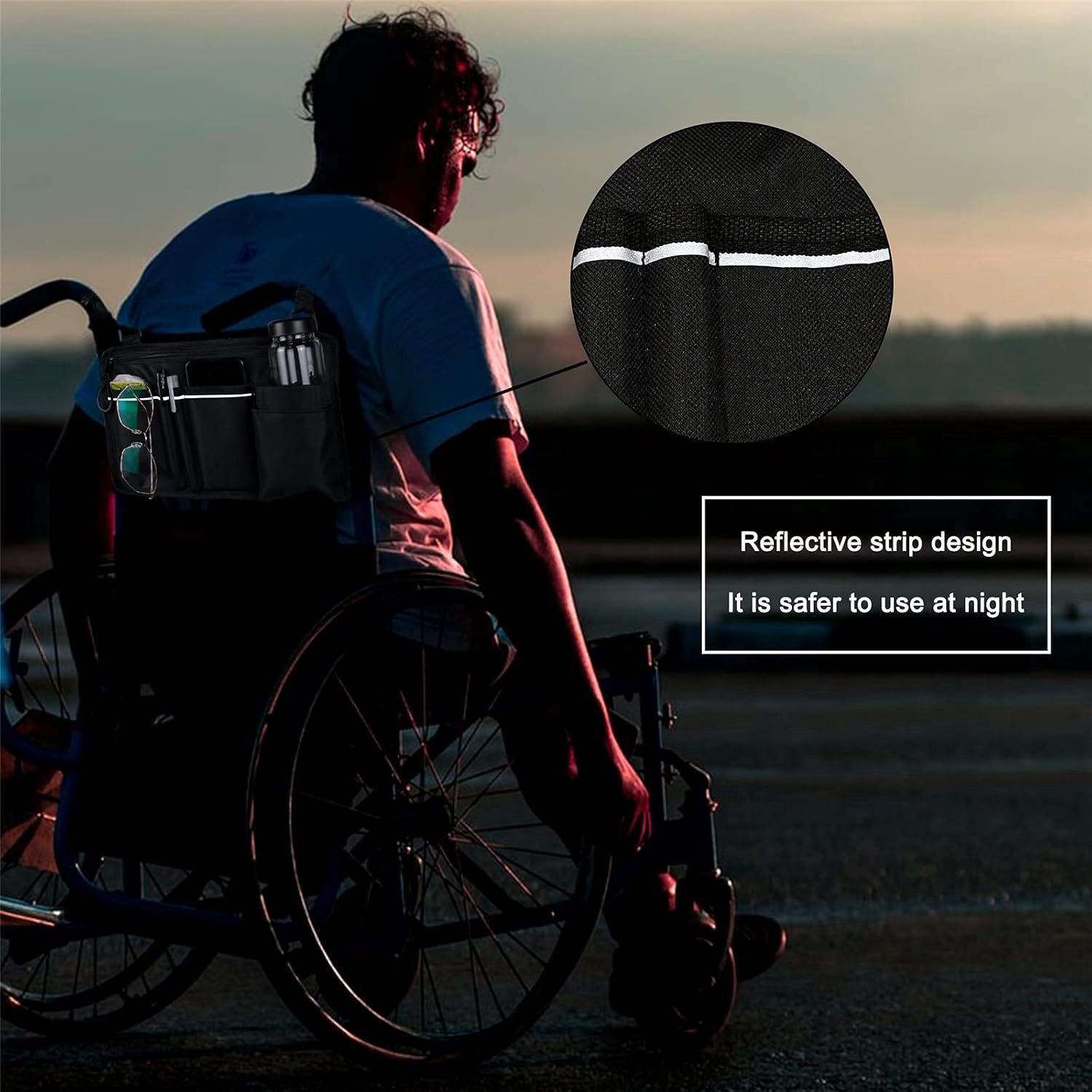 KZQ Zijtas voor rolstoel – Opbergtasje voor rolstoelarmsteun – Rolstoeltas met bekerhouder – Accessoire voor rolstoelen, rollators en elektrische rolstoelen – Zwart