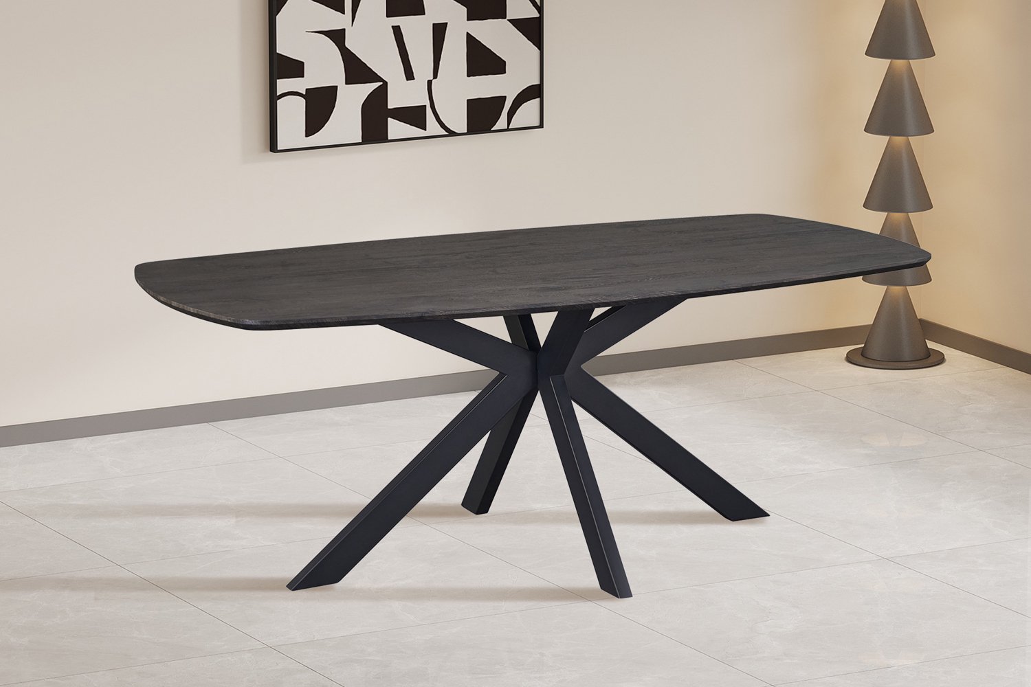 Aziz Deens Ovale Eettafel – 200 x 100 cm – Donkerbruine Houtlook – Zwarte Metalen Matrixpoot